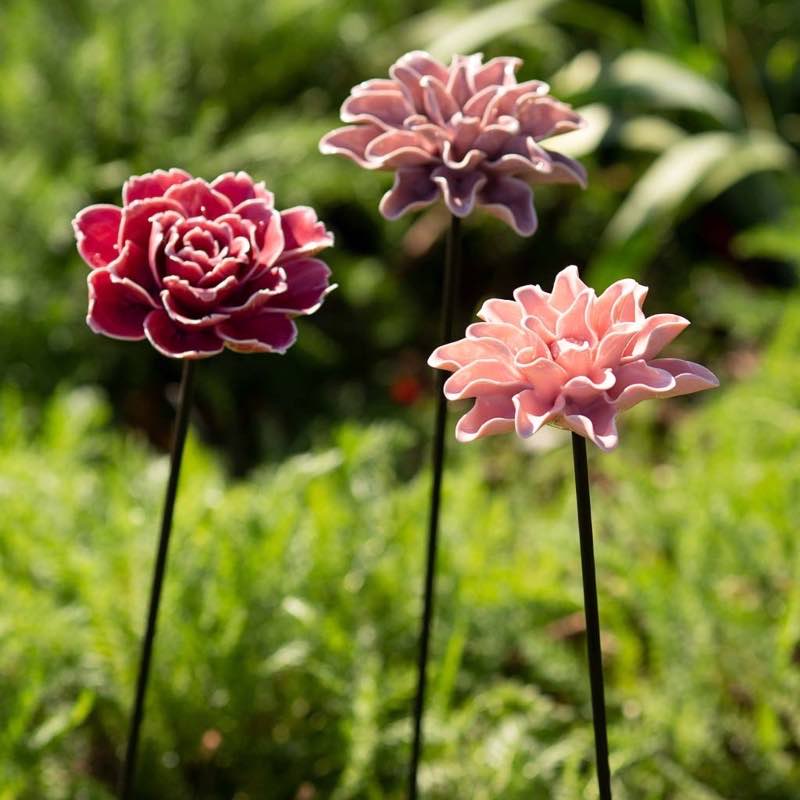 Ceramic Garden Flower Stakes, Set of 3 - Pink